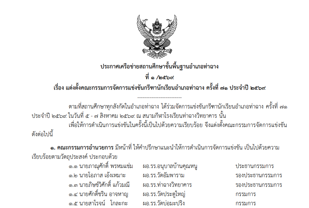 คำสั่งแต่งตั้งคณะกรรมการโครงการจัดการแข่งขันกรีฑานักเรียนอำเภอท่าฉาง ครั้งที่ 71 ประจำปี 2569